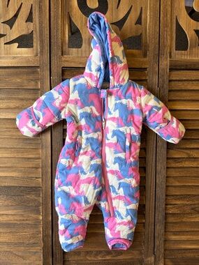 Hatley Pink Blue White Horse All-In-One Puffer One-Piece Hooded Zip Snowsuit